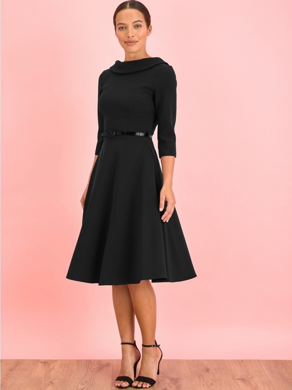 Classic Black Midi Dress with Flared Skirt